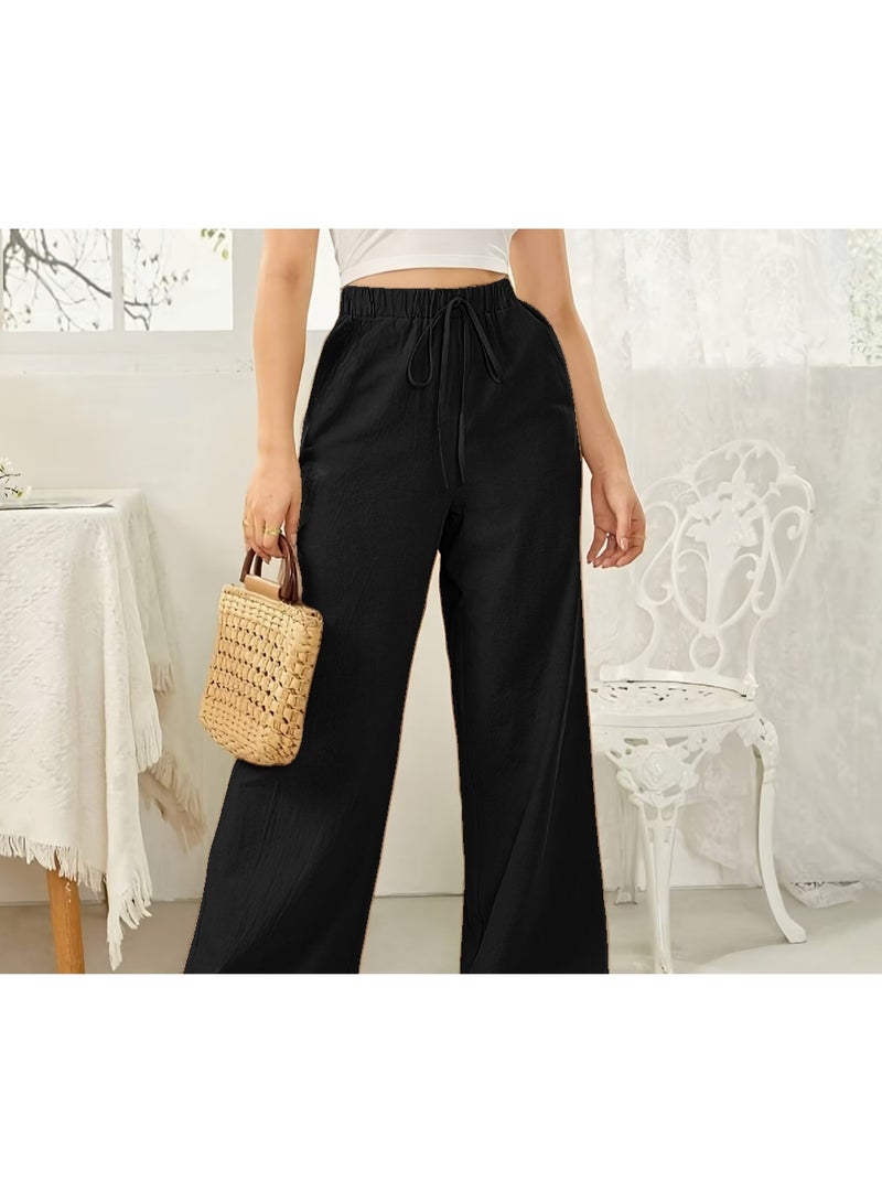 Women's Free Size High-Waisted Straight-Leg Pants - Elegant Casual Trousers with Elastic Waistband - Image 3